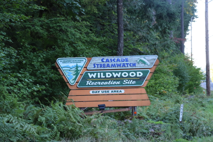 Entrance sign at Wildwood Recreation site – Cascade Streamwatch – day use only – operated by BLM
